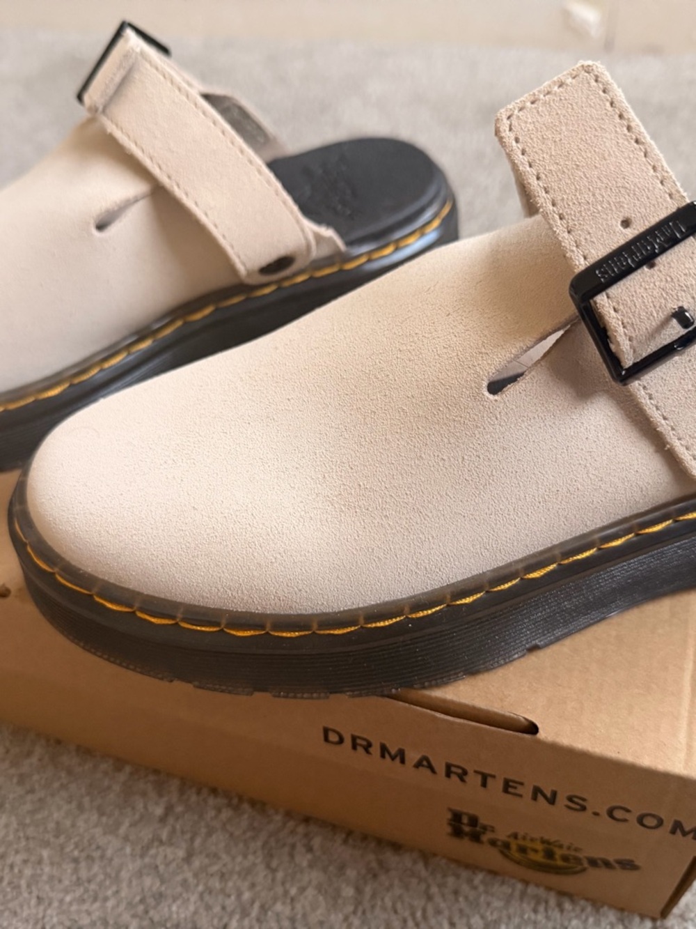 Dr. Martens  Beige Suede Buckle Clogs with Black Sole